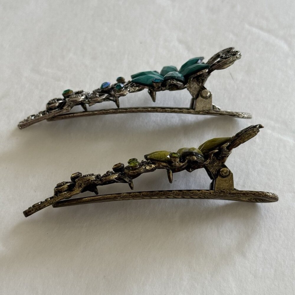 Vintage Flower Hair Clip Clamp Filigree Hair Decor 3" Metal Stone Set of 2 - Picture 3 of 6